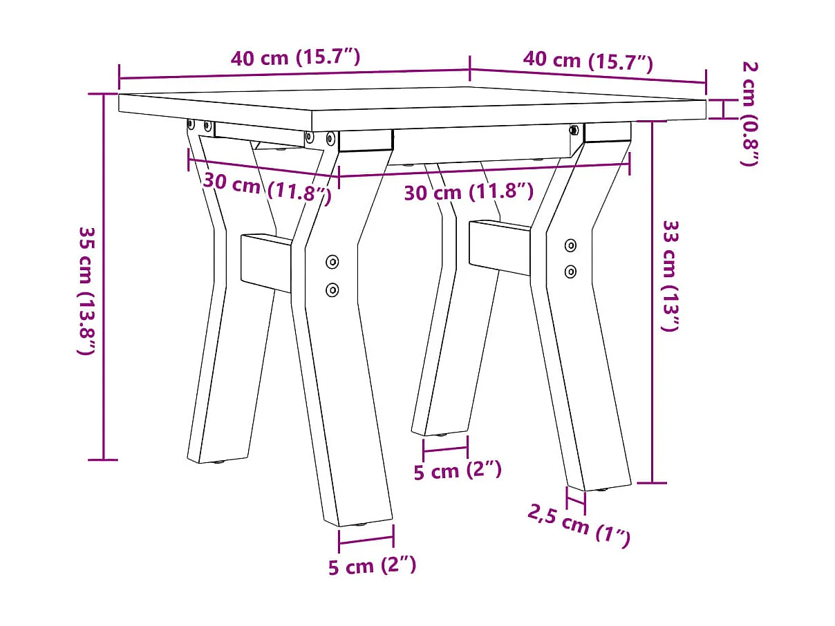 Table basse cadre en Y 40x40x35 cm bois de pin massif et acier