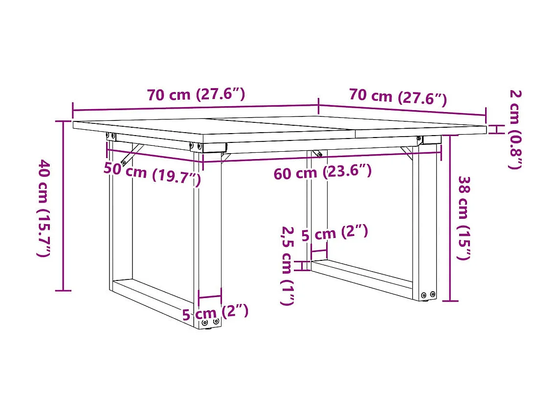 Table basse cadre en O 70x70x40 cm bois de pin massif et acier