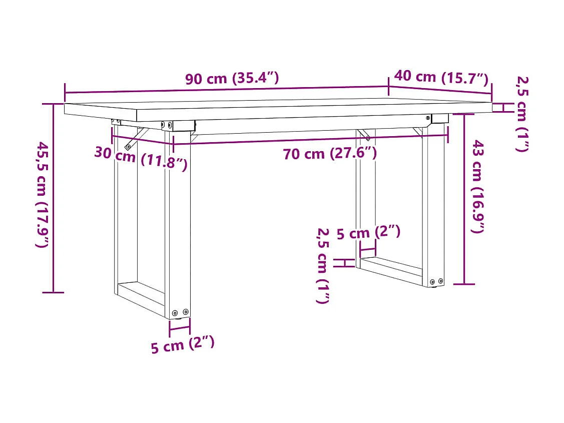Table basse cadre en O 90x40x45,5cm bois de pin massif et acier
