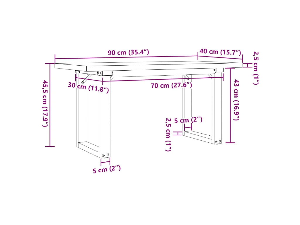 Mesa de centro marco O madera maciza pino y acero 90x40x45,5 cm
