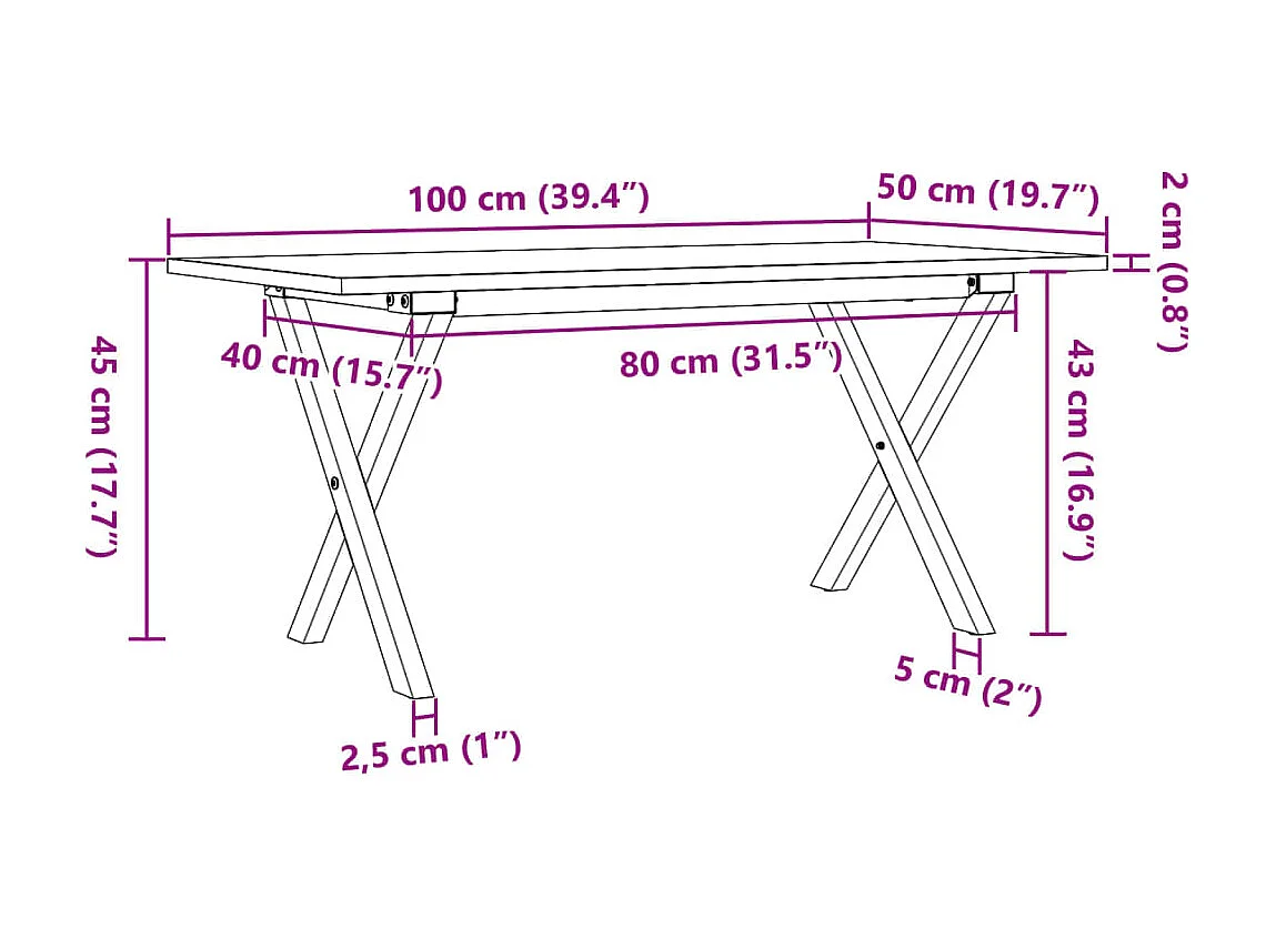 Tavolino Salotto Telaio a X 100x50x45 cm Legno Pino e Acciaio