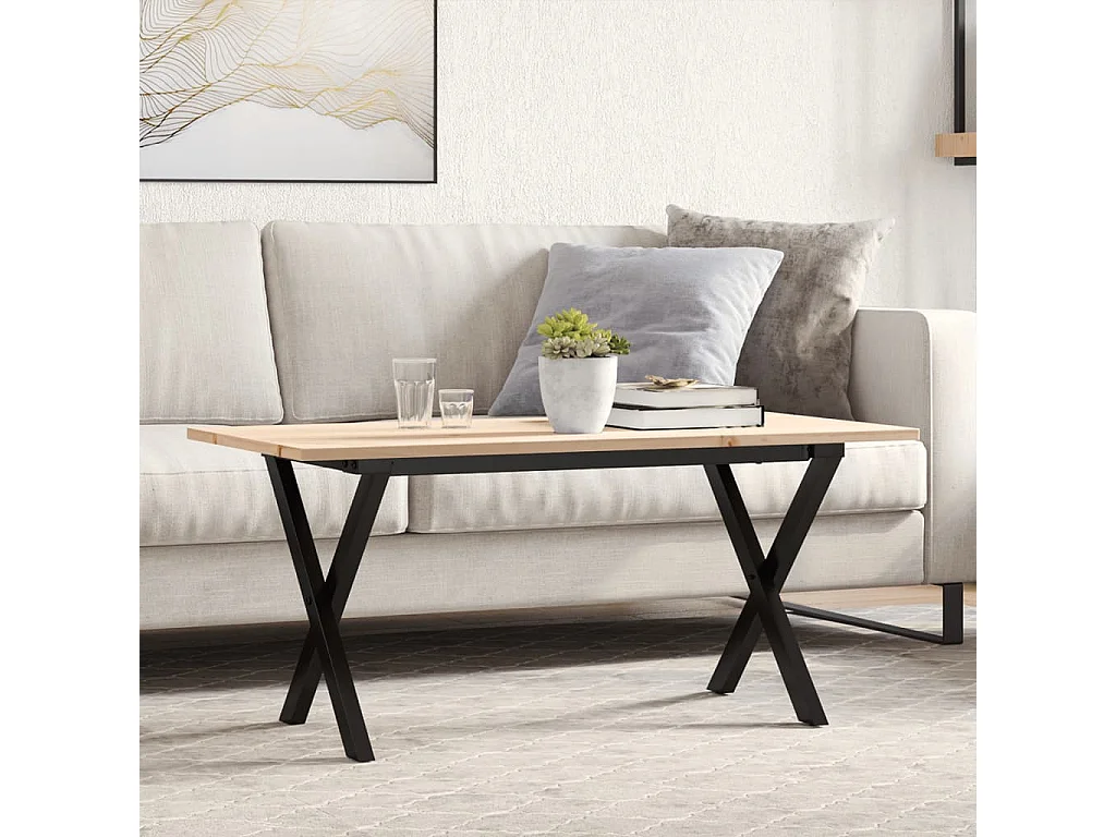 Table basse cadre en X 100x50x45 cm bois de pin massif et acier