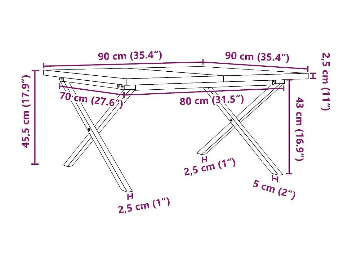 Tavolino Salotto Telaio a X 90x90x45,5 cm Legno Pino e Acciaio
