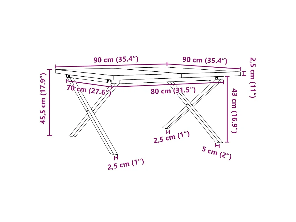 Mesa de centro marco X madera maciza pino y acero 90x90x45,5 cm