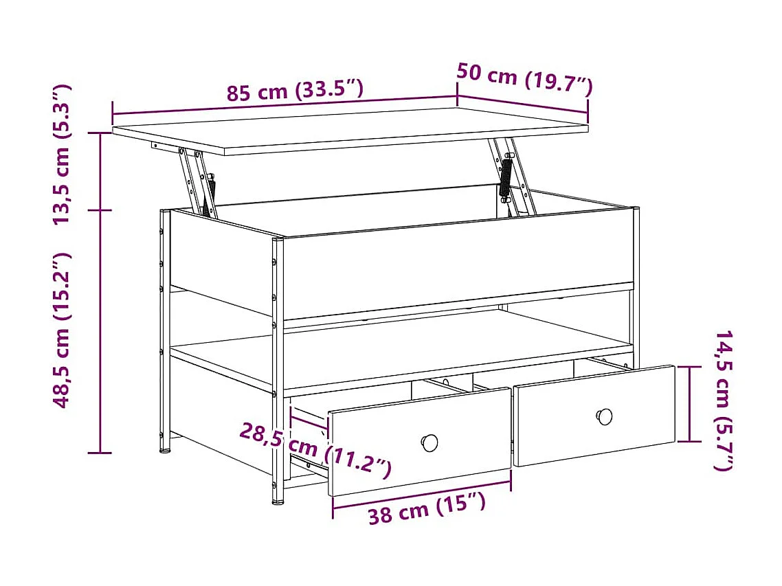 Table basse chêne fumé 85x50x50 cm bois d'ingénierie et métal