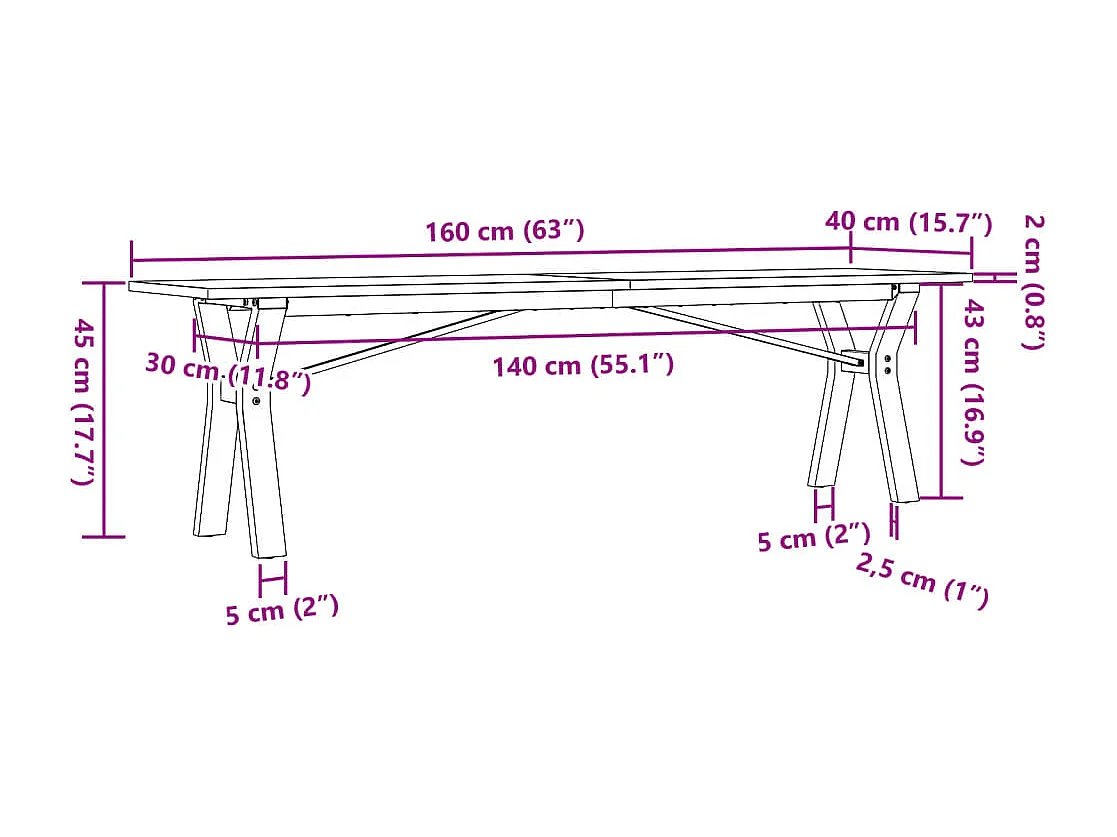 Tavolino Salotto Telaio a Y 160x40x45 cm Legno Pino e Acciaio