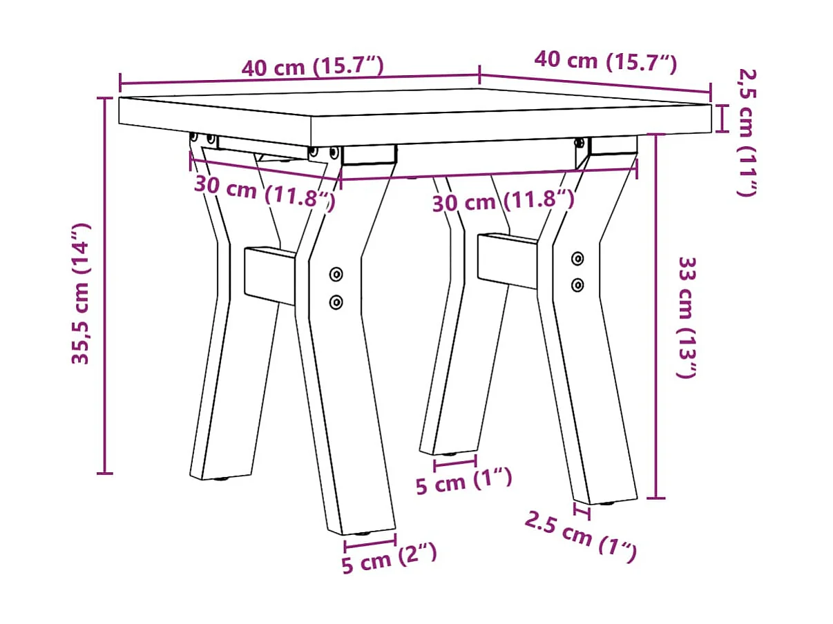 Table basse cadre en Y 40x40x35,5cm bois de pin massif et acier