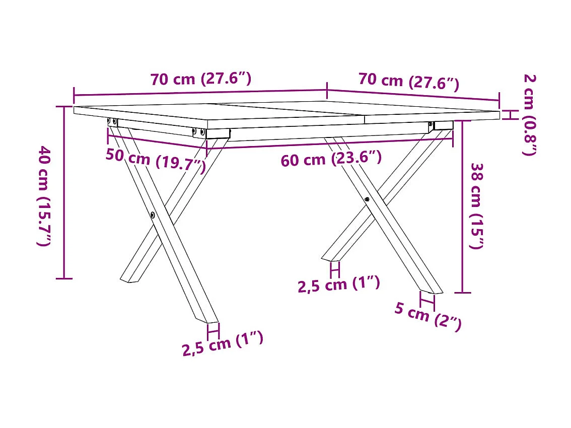 Table basse cadre en X 70x70x40 cm bois de pin massif et acier