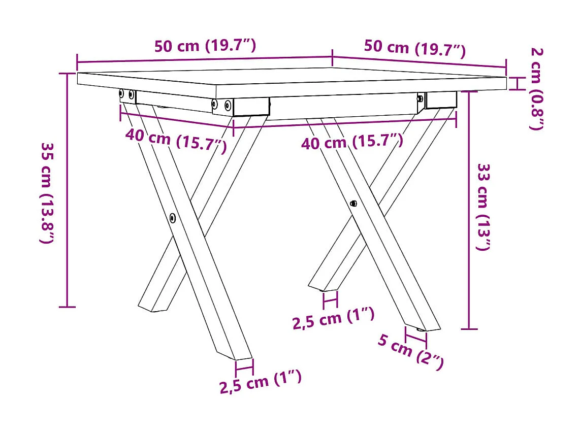 Mesa de centro estrutura em X 50x50x35 cm pinho e aço