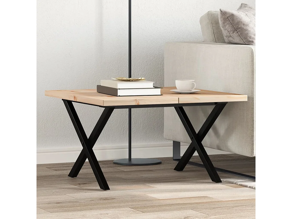 Mesa de centro marco X madera maciza pino y acero 60x60x40,5 cm
