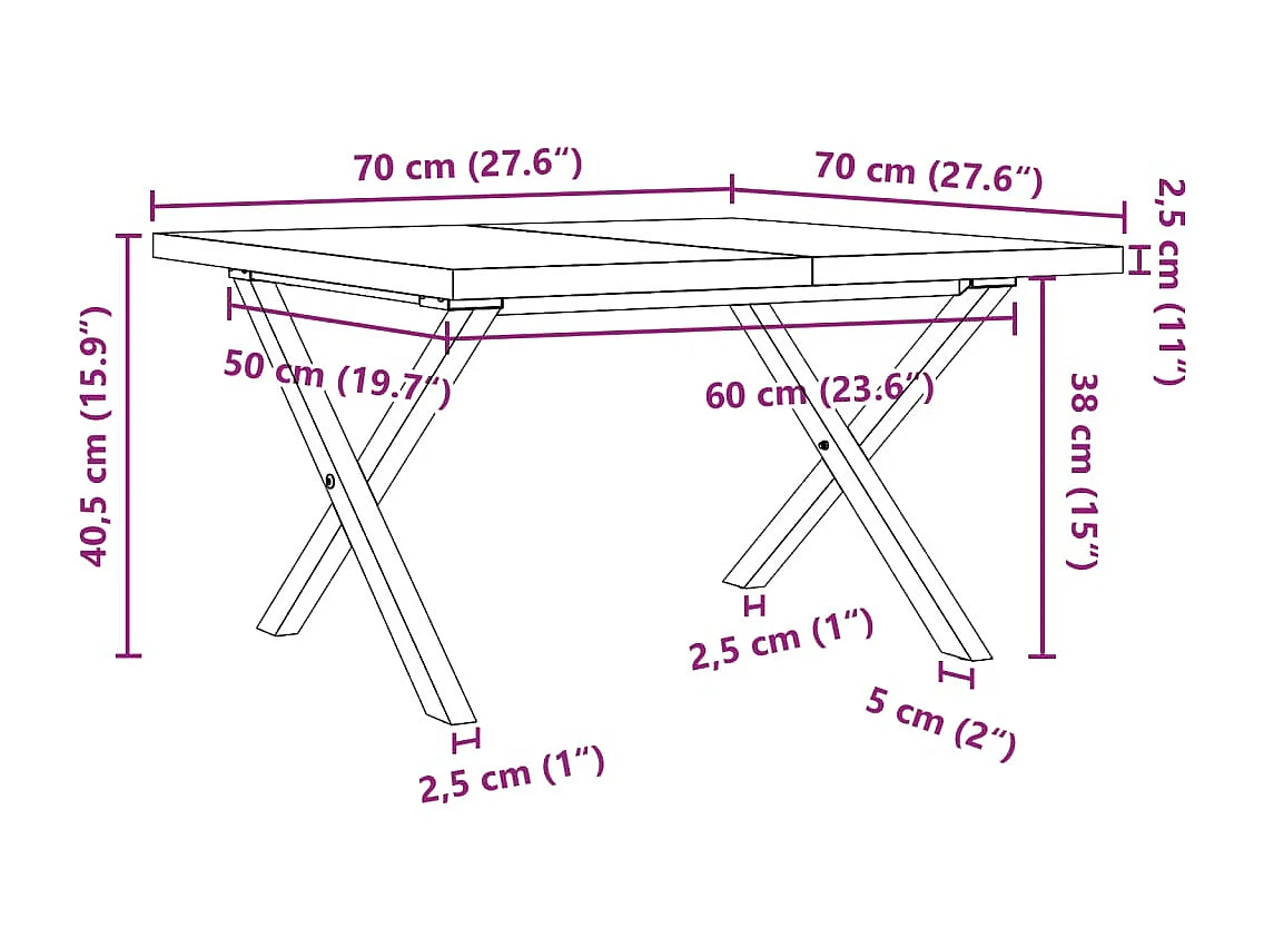 Table basse cadre en X 70x70x40,5cm bois de pin massif et acier
