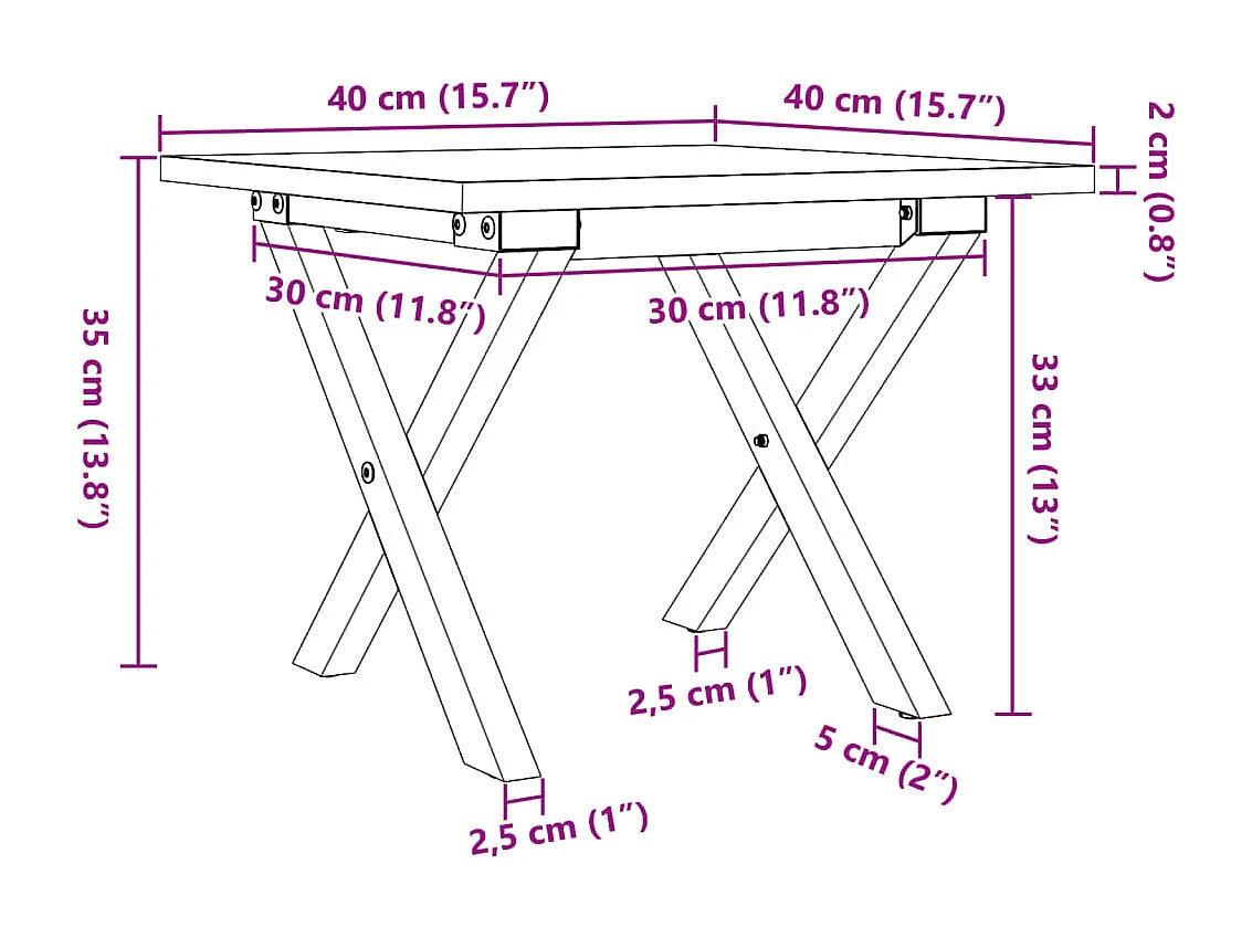 Mesa de centro estrutura em X 40x40x35 cm pinho e aço