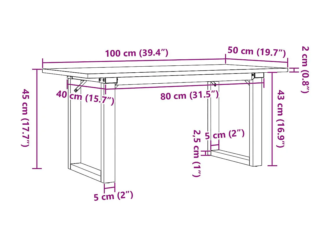 Table basse cadre en O 100x50x45 cm bois de pin massif et acier