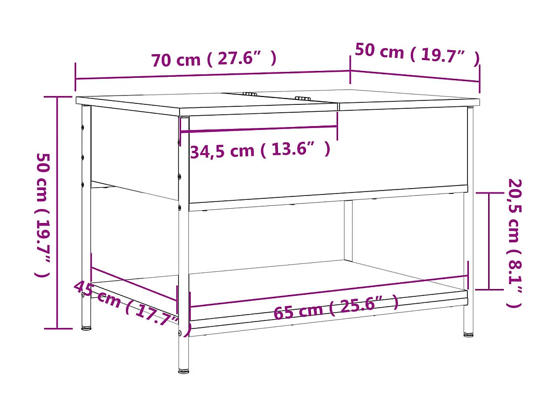 Mesa centro 70x50x50 cm deriv. madeira/metal carvalho castanho