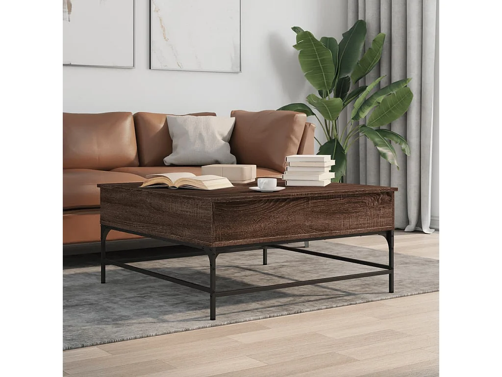 Mesa de centro madera ingeniería metal roble marrón 95x95x45 cm