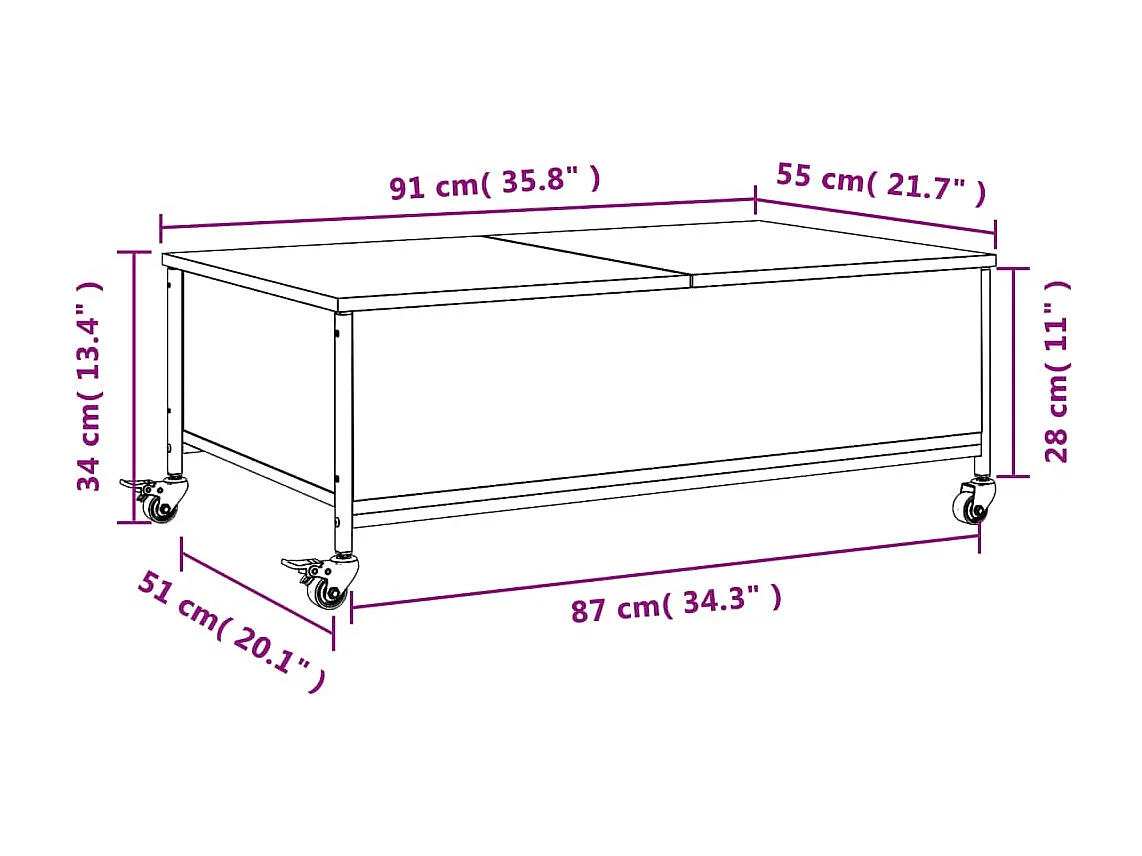 Mesa de centro c/ rodas 91x55x34 cm derivados de madeira preto