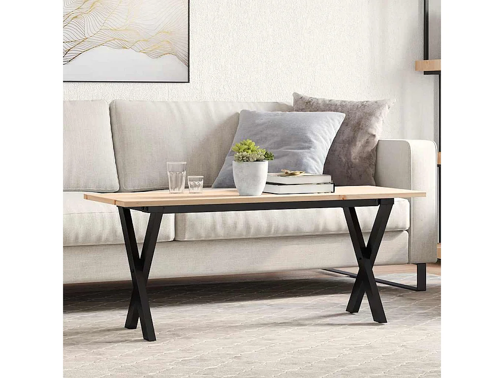 Mesa de centro marco X madera maciza pino y acero 110x40x45 cm