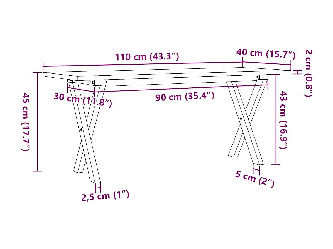 Mesa de centro marco X madera maciza pino y acero 110x40x45 cm