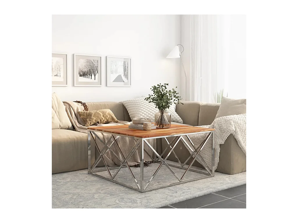 Table basse argenté acier inoxydable et bois massif d'acacia