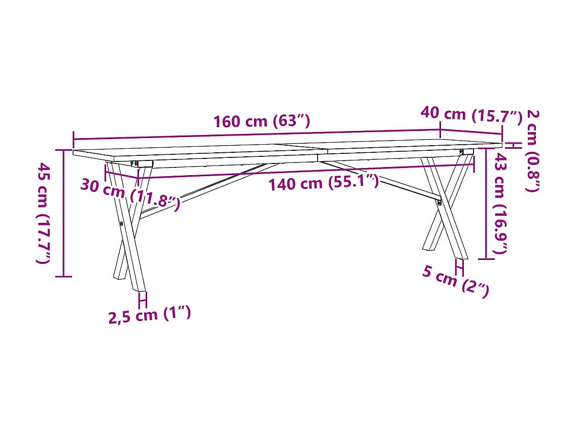 Tavolino Salotto Telaio a X 160x40x45 cm Legno Pino e Acciaio