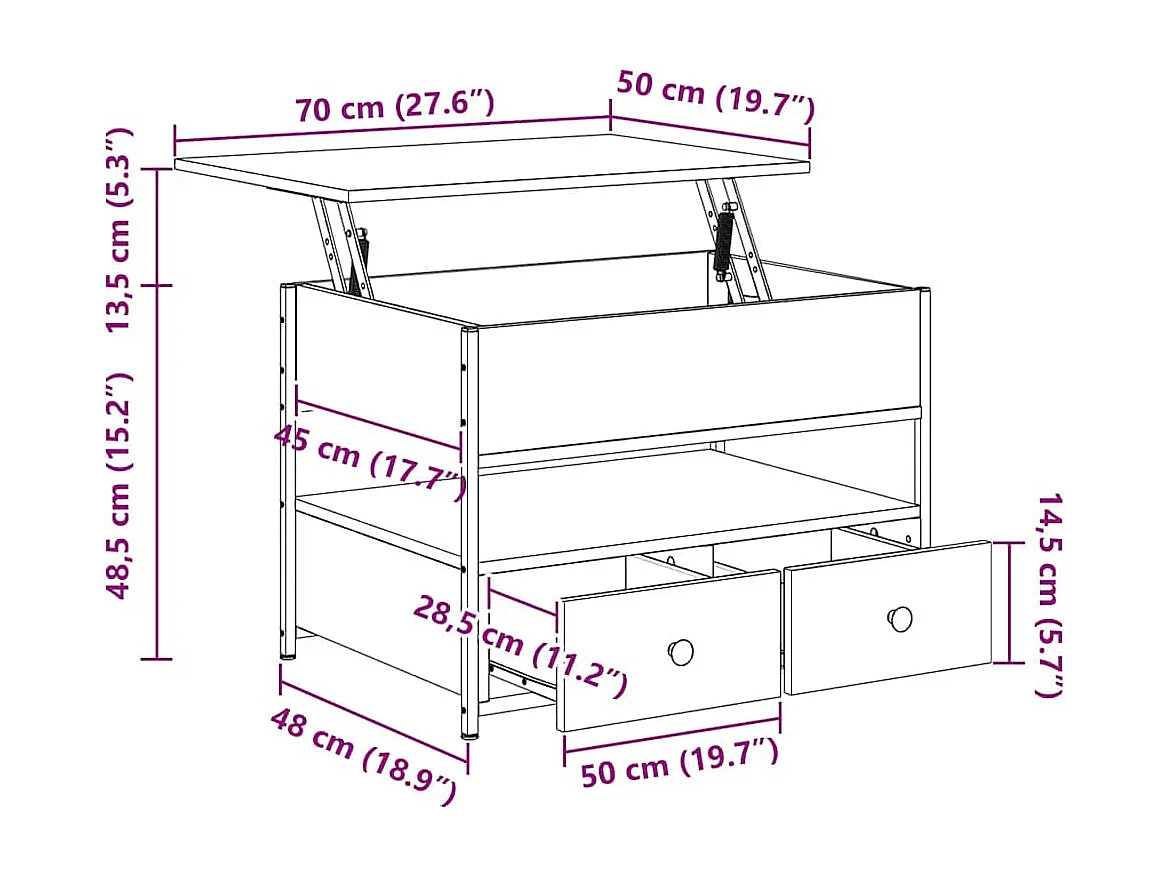 Table basse chêne sonoma 70x50x50 cm bois d'ingénierie et métal