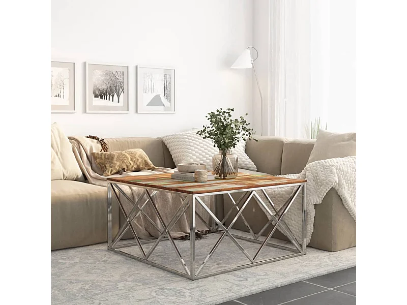 Tavolino Salotto Argento in Acciaio Inox e Legno di Recupero
