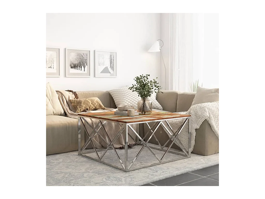 Table basse argenté inox et bois de récupération massif