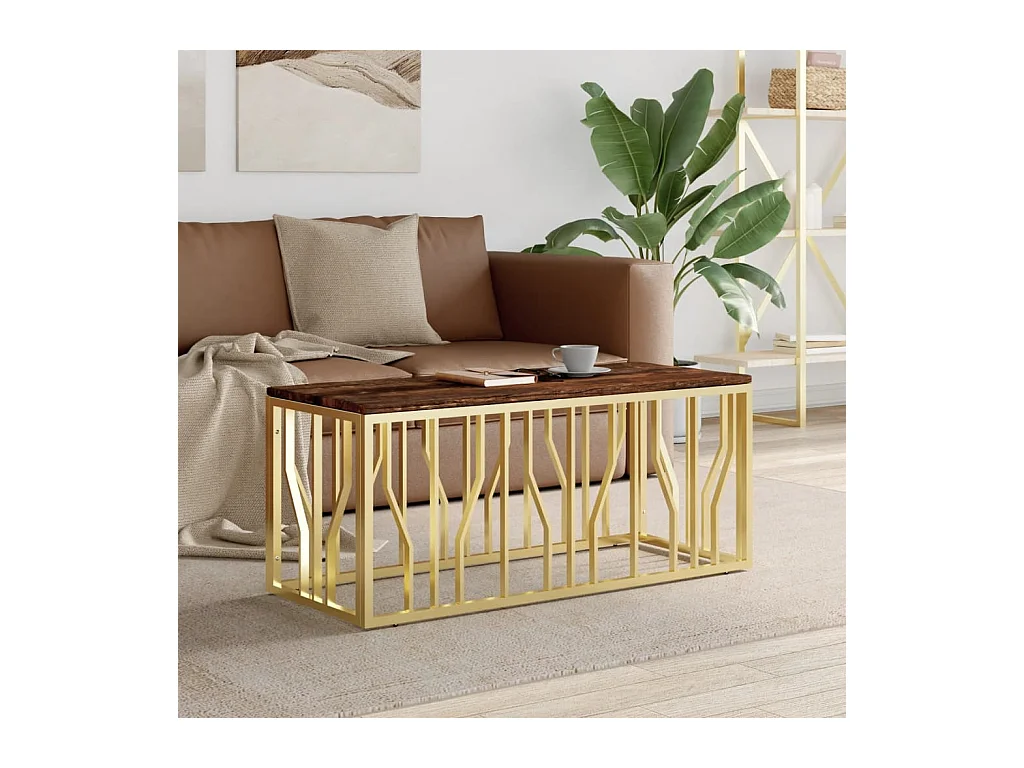Table basse doré acier inoxydable et bois massif récupération