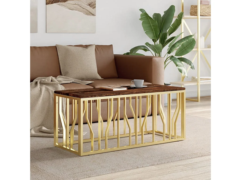 Table basse doré acier inoxydable et bois massif récupération