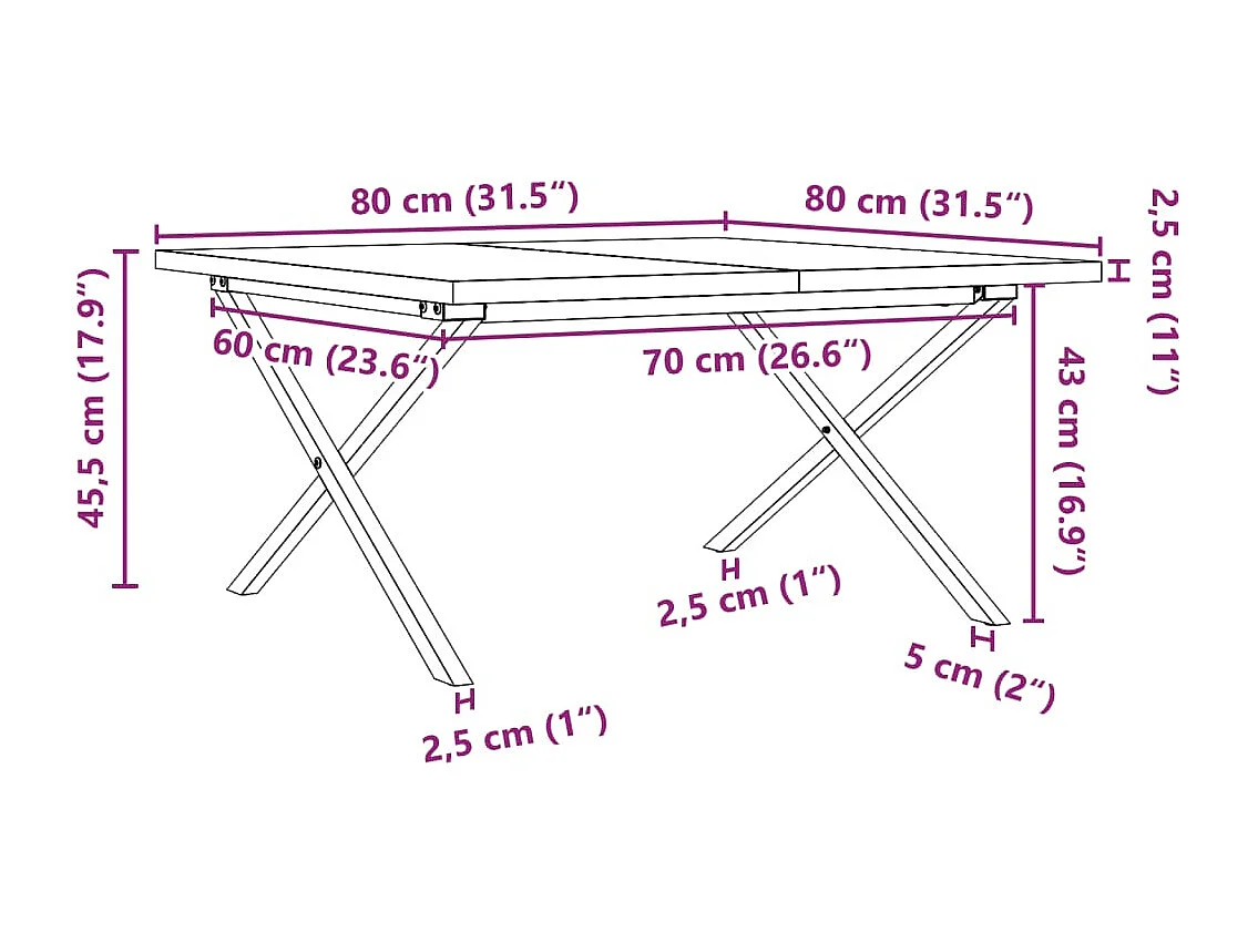 Tavolino Salotto Telaio a X 80x80x45,5cm Legno Pino e Acciaio