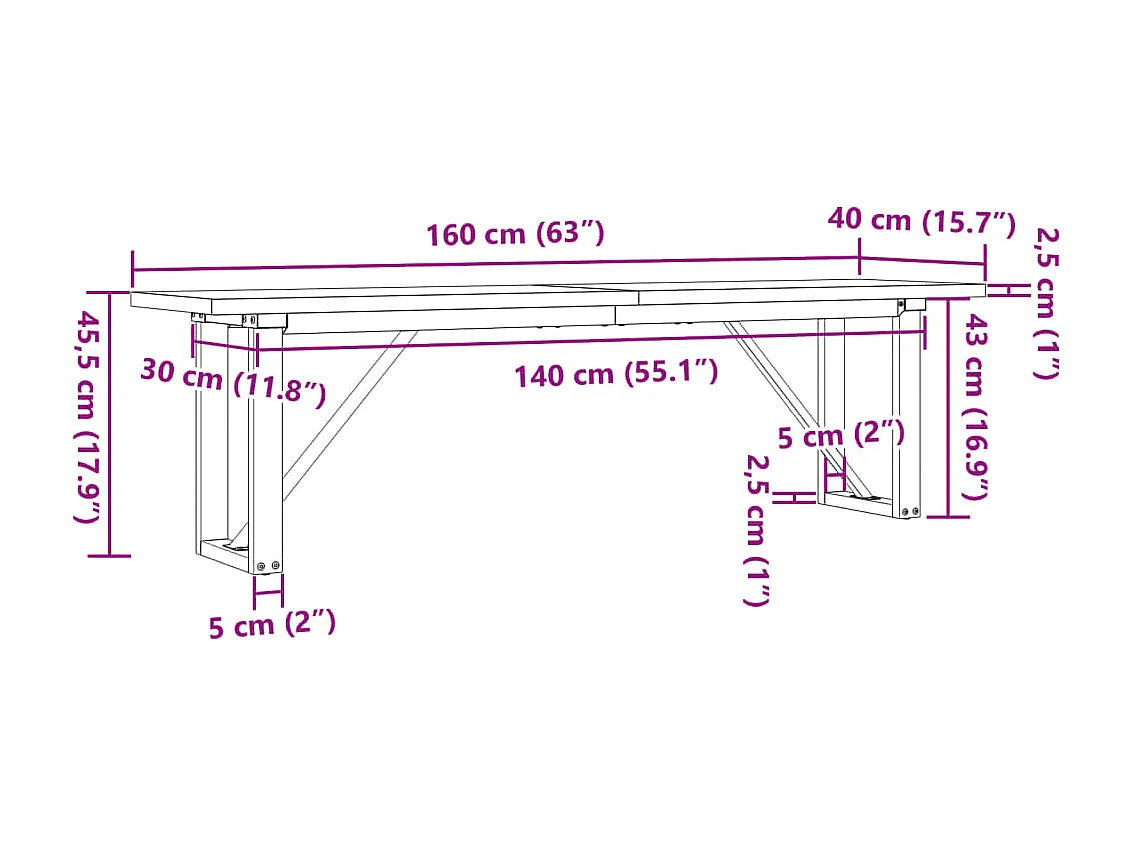 Table basse cadre en O 160x40x45,5 cm bois de pin massif acier