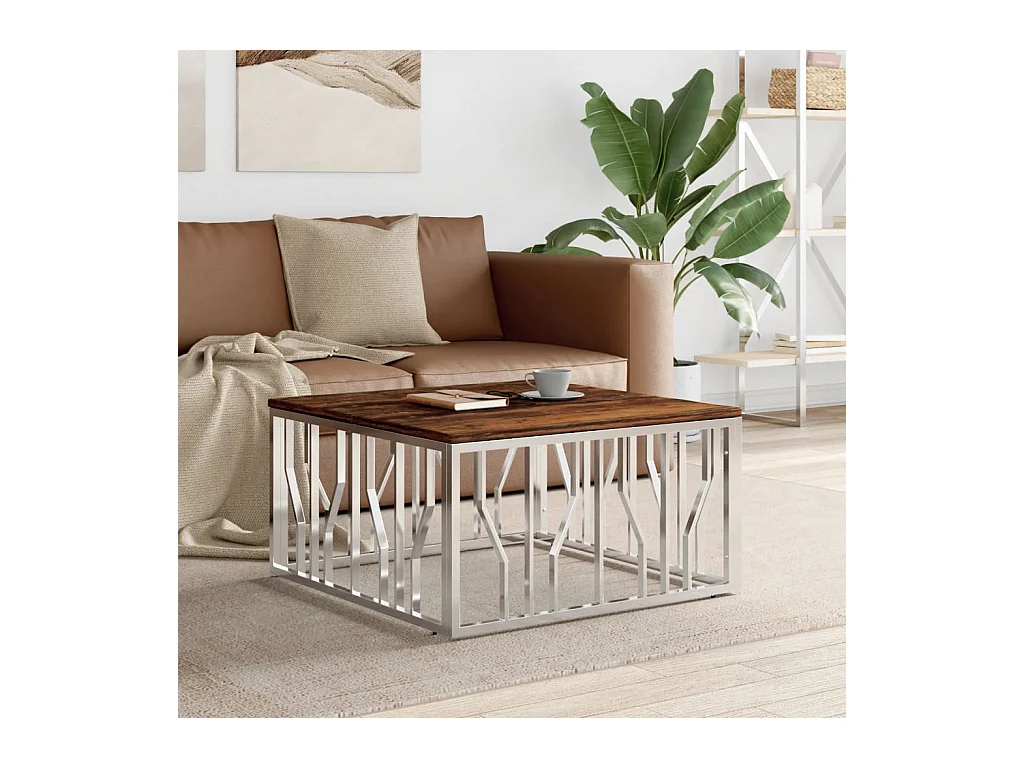 Table basse argenté acier inoxydable/bois massif récupération