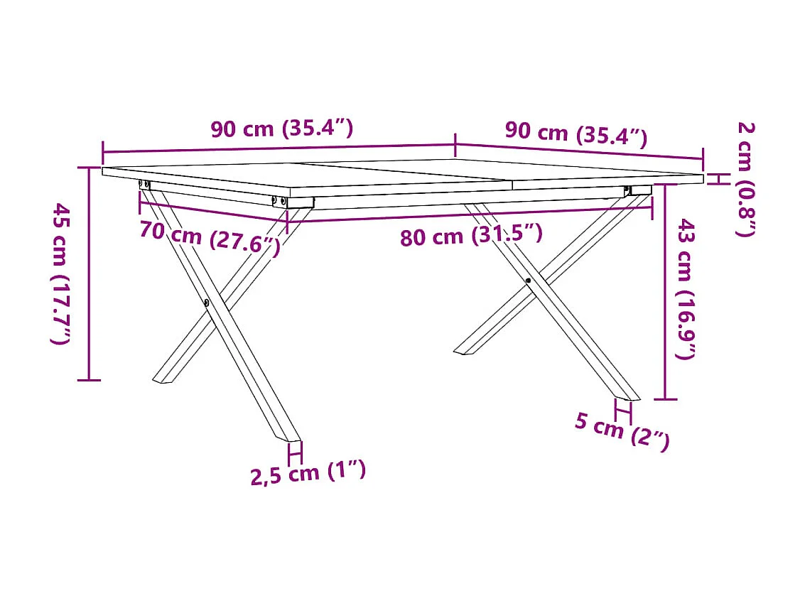 Table basse cadre en X 90x90x45 cm bois de pin massif et acier