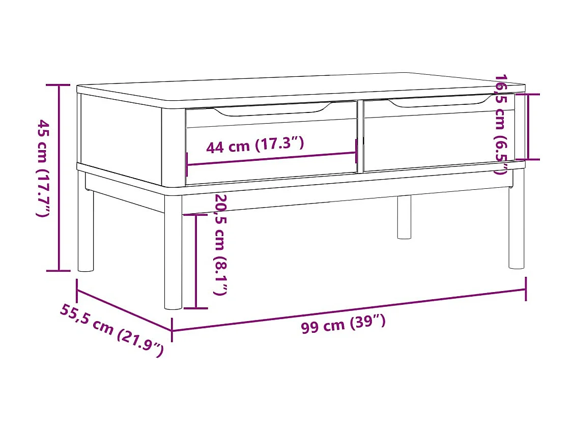 Mesa de centro FLORO madera maciza de pino gris 99x55,5x45 cm
