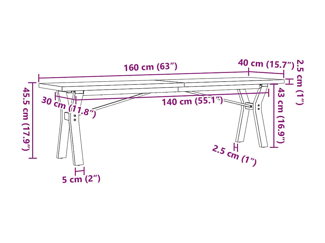 Table basse cadre en Y 160x40x45,5 cm bois de pin massif acier