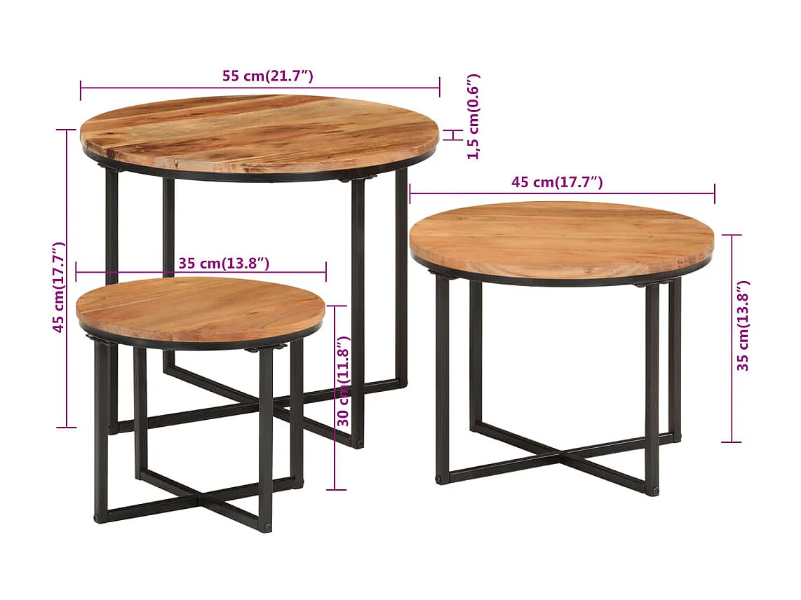 Tables basses gigognes 3 pcs bois massif d'acacia et fer