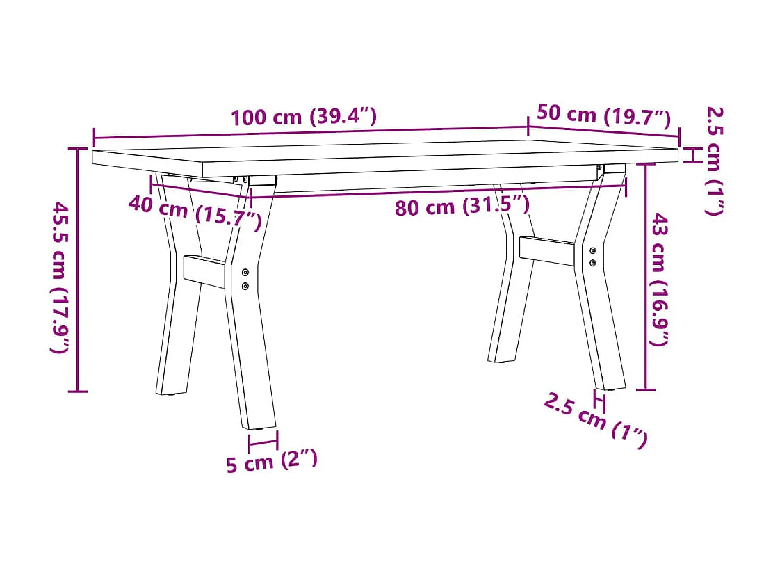 Table basse cadre en Y 100x50x45,5 cm bois de pin massif acier