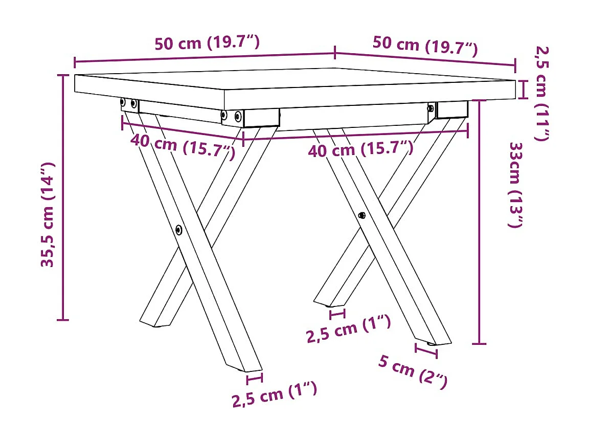 Mesa de centro estrutura em X 50x50x35,5 cm pinho/aço