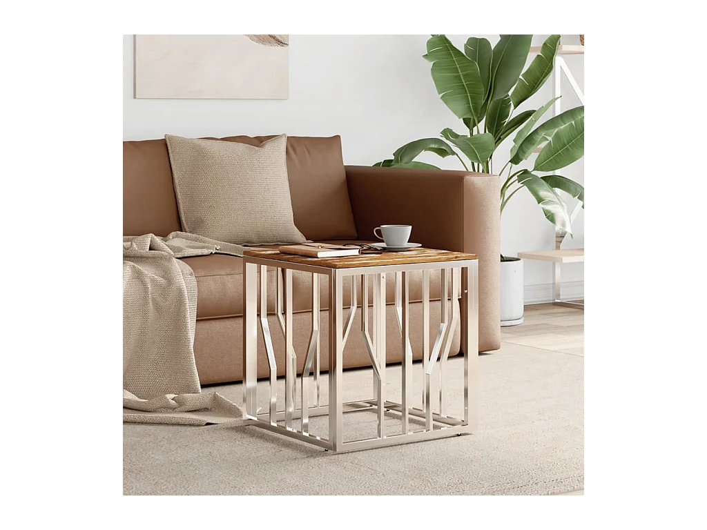 Table basse argenté acier inoxydable/bois massif récupération