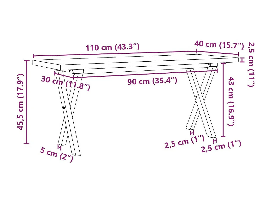 Tavolino Salotto Telaio a X 110x40x45,5 cm Legno Pino e Acciaio
