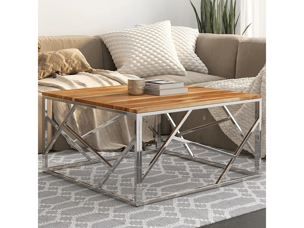 Table basse argenté acier inoxydable et bois massif d'acacia