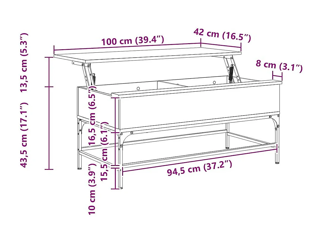 Table basse sonoma gris 100x50x45 cm bois d'ingénierie et métal