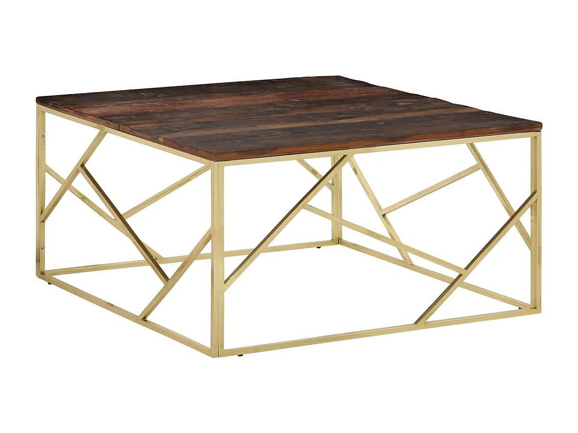 Mesa de centro acero inoxidable madera maciza traviesa dorado