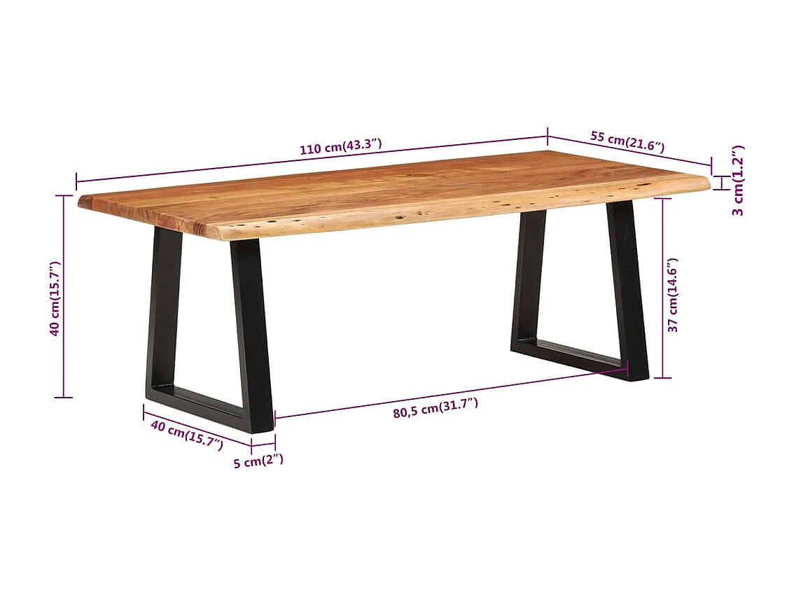 Mesa de centro madera maciza acacia 110x55x40 cm