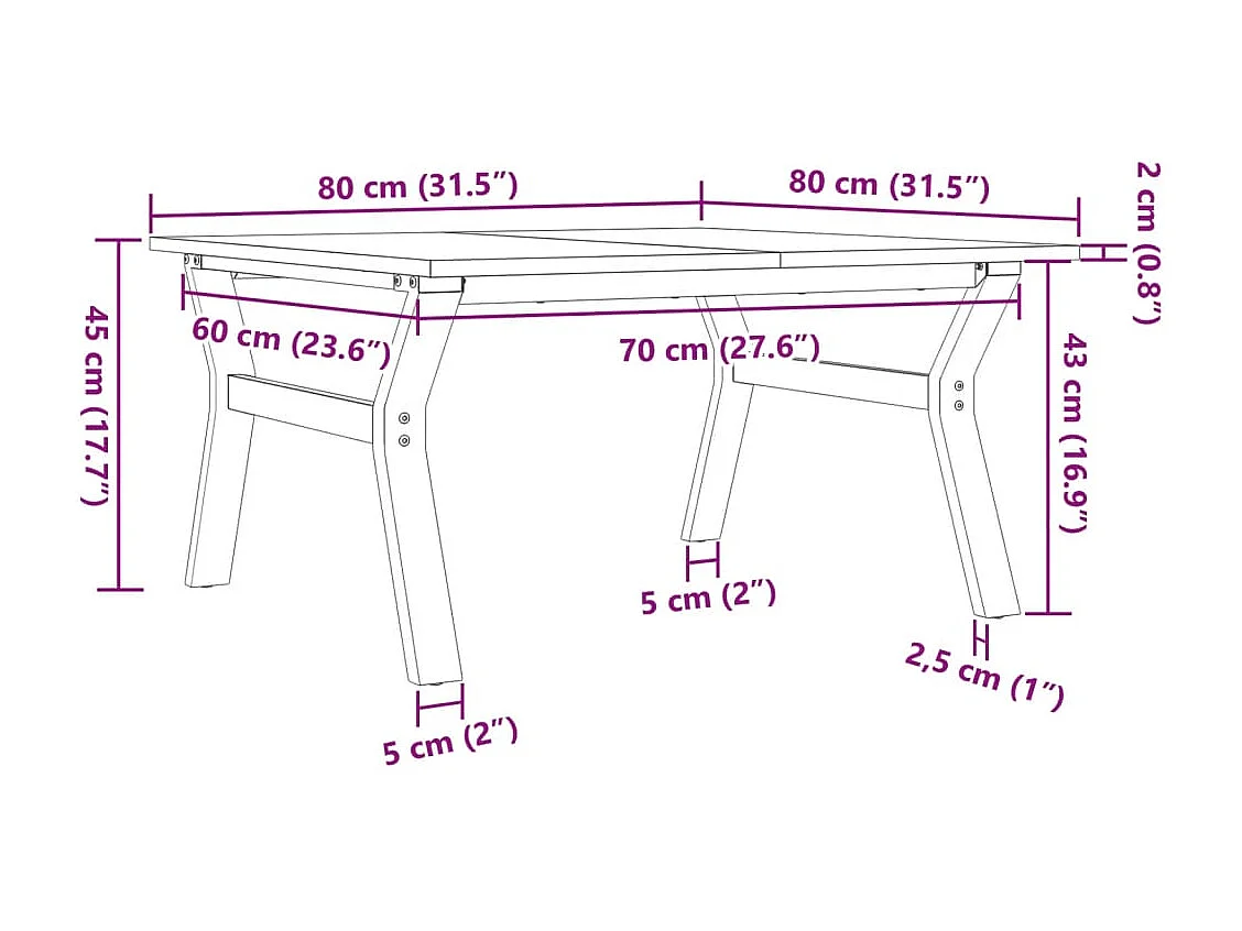 Table basse cadre en Y 80x80x45 cm bois de pin massif et acier