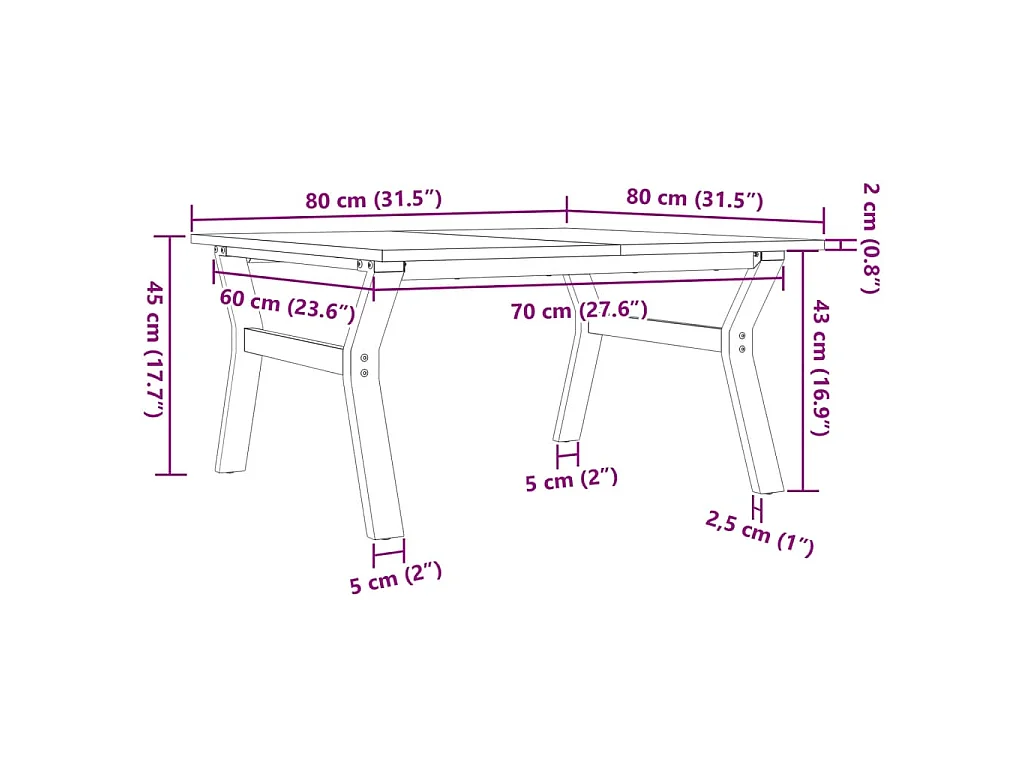Table basse cadre en Y 80x80x45 cm bois de pin massif et acier