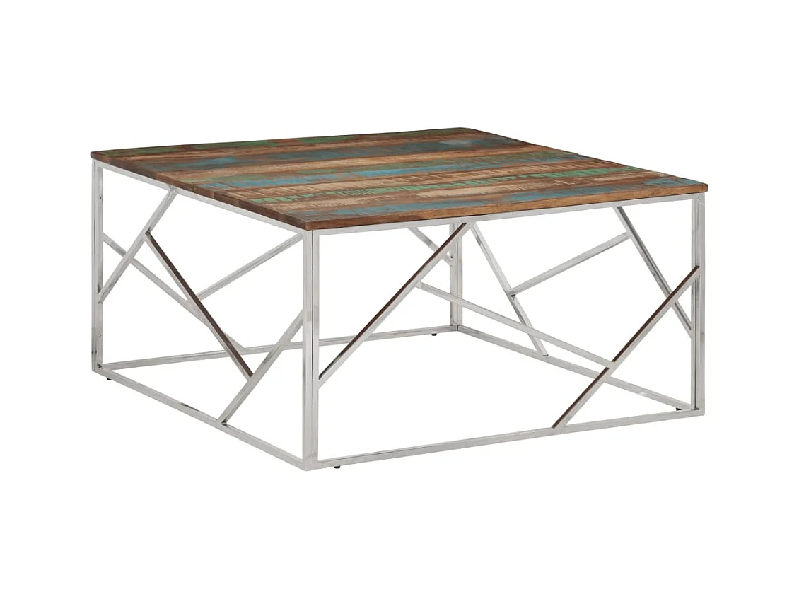 Table basse argenté acier inoxydable/bois massif récupération