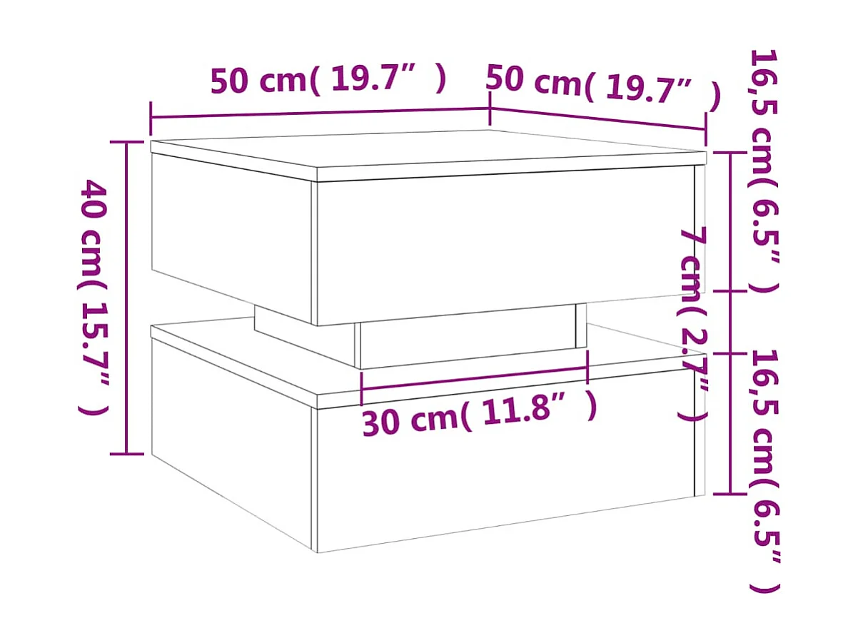 Table basse avec lumières LED chêne fumé 50x50x40 cm
