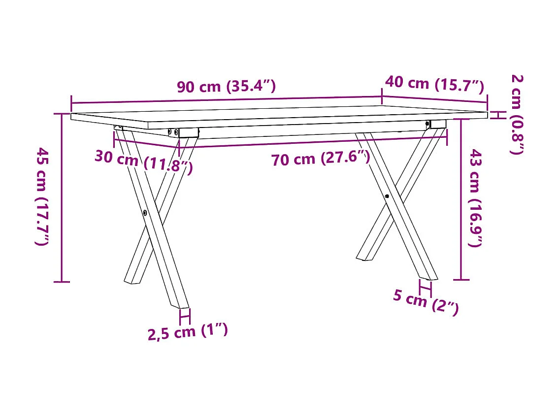 Tavolino da Salotto Telaio a X 90x40x45 cm Legno Pino e Acciaio