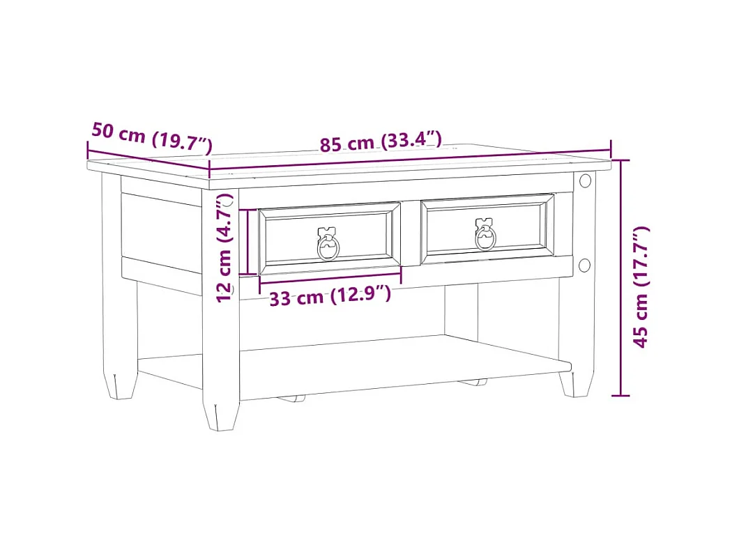 Tavolino con Cassetti Corona 85x50x45 cm Legno Massello di Pino